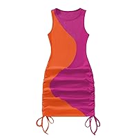 Verdusa Women's Color Block Drawstring Ruched Ribbed Mini Tank Bodycon Dress
