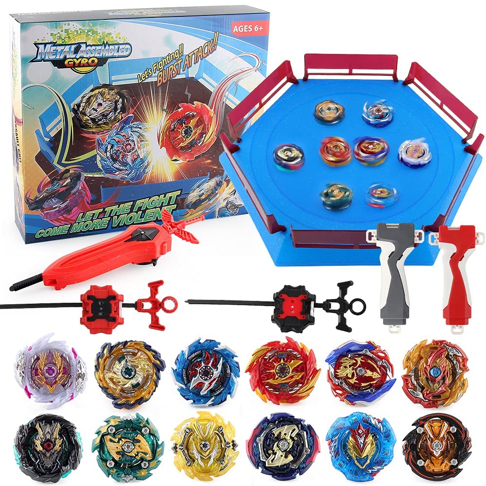 JIMI Bey Battling Top Stadium Blade Battle Set, 12 Burst Spinning Tops 3 Launchers Grip 1 Arena Combat Game, Toy Gift for Kids Boys Ages 6+