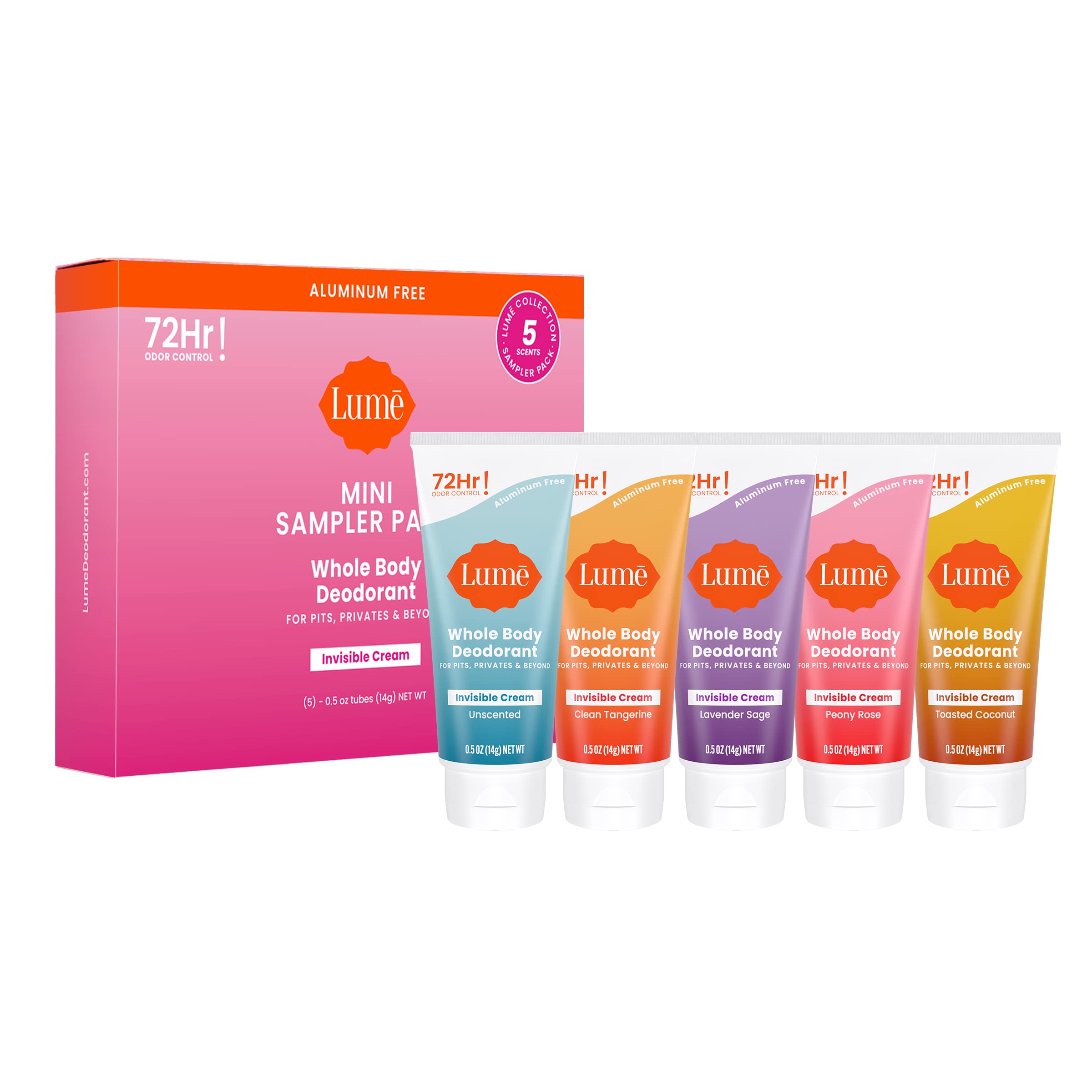 Lume Whole Body Deodorant 5 Pack Sampler - Invisible Cream Tube - 72 Hour Odor Control - Aluminum Free, Baking Soda Free, Skin Safe - .5 ounce Mini Tubes (Clean Tangerine, Lavender Sage, Peony Rose, Toasted Coconut, Unscented)