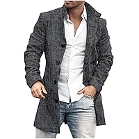 Men's Band Collar Pea Coats Wool Blend Coat Single Breasted Trench Coat Slim Fit Overcoat Winter Warm Long Jackets