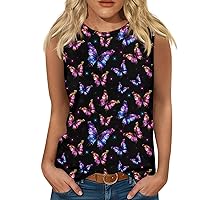 Racerback Tank Tops for Women 2024 Butterfly Floral Prints Tank Tops Crew Neck Sleeveless Summer Casual Tee Shirts