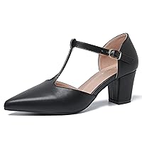 Womens T Strap Mary Jane Shoes Chunky Block Heel Pointed Toe Ankle Strap Buckle Dress Pumps