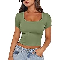 ANRABESS Womens Crop Tops Summer Slim Fit Short Sleeve Square Neck Tees Going Out Ribbed Tight Low Cute T Shirts 2024