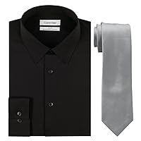 Calvin Klein Men's Slim Fit Herringbone Dress Shirt and Silver Spun Tie Combo, Black/Silver, 18