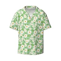 Light Green Daisy Pattern Men's Summer Short-Sleeved Shirts, Casual Shirts, Loose Fit with Pockets