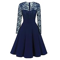 Women's New Fall Vintage Lace Formal Wedding Cocktail Evening Party Retro Swing Dress (X-Large, Navy Blue)