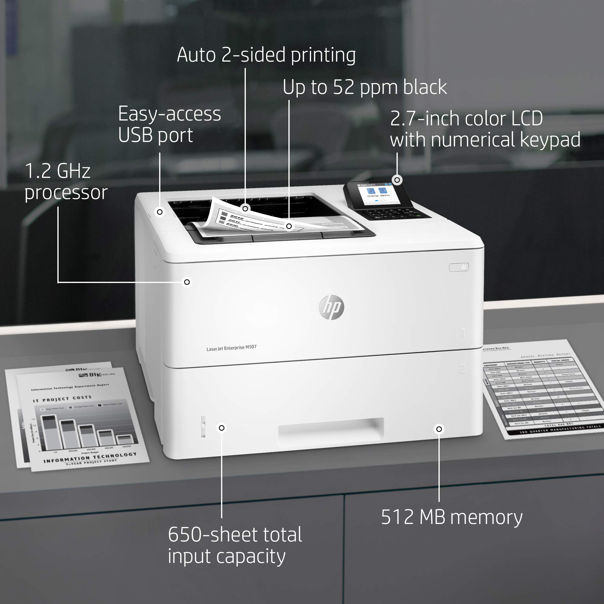 HP LaserJet Enterprise M507dn Monochrome Printer with built-in Ethernet & 2-sided printing (1PV87A) White