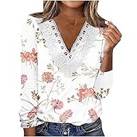 Women Tops V Neck Lace Guipure Blouses Long Sleeve Casual Loose Fitted Fall Shirts Solid Basic Tees Tunics