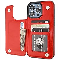 Compatible with iPhone 14 Pro Max Wallet Case with Card Holder, PU Leather Kickstand Card Slots Case, Double Magnetic Clasp and Durable Shockproof Cover 6.7 Inch (Red)