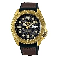 Seiko 5 Sports SRPE80K1 Men's Automatic Watch Stainless Steel with Leather Silicone Strap, gold, Ribbon