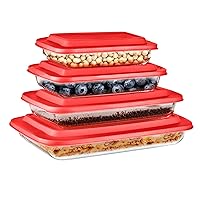 SereneLife Rectangular Glass Bakeware Set - 4 Sets of High Borosilicate with PE Lid, Heat-Resistant, Non-Slip Design, Convenient to Use & Easy to Clean, Elegant Design, Color Red- SL4PBK10