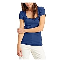 INC Women's Top Turf Large Ribbed Square-Neck T-Shirt Blue L