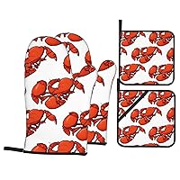 (Red Lobster Printed) 4 Oven Mitts and Pot Holders Sets Farmhouse Kitchen Gloves for Cooking Grilling Baking BBQ Mushroom Pot Holders Cook Essentials Accessories
