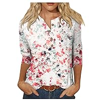 Lightning Deals of Today Prime Women Blouses Casual 3/4 Sleeve Floral Print Tops for Women Henley Casual Tops for Women Trendy Tops for Women 2024 Loose Pullover c1-Hot Pink Small