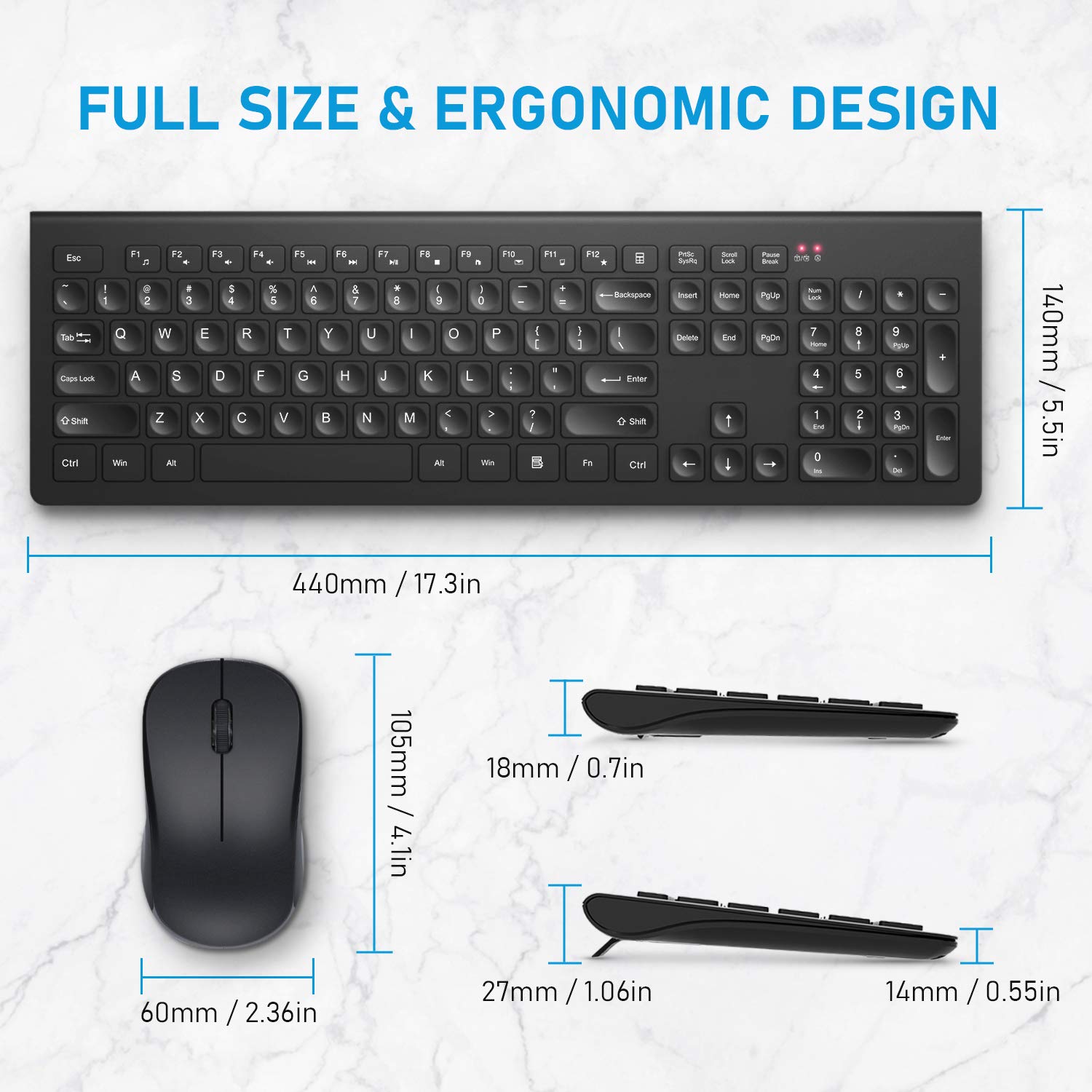 Wireless Keyboard and Mouse Combo, RATEL 2.4GHz Full Size USB Keyboard Mouse Ergonomic Quiet Keyboard Mouse Set for Laptop, PC, Mac, Computer, Desktop, Notebook, Windows(Black)