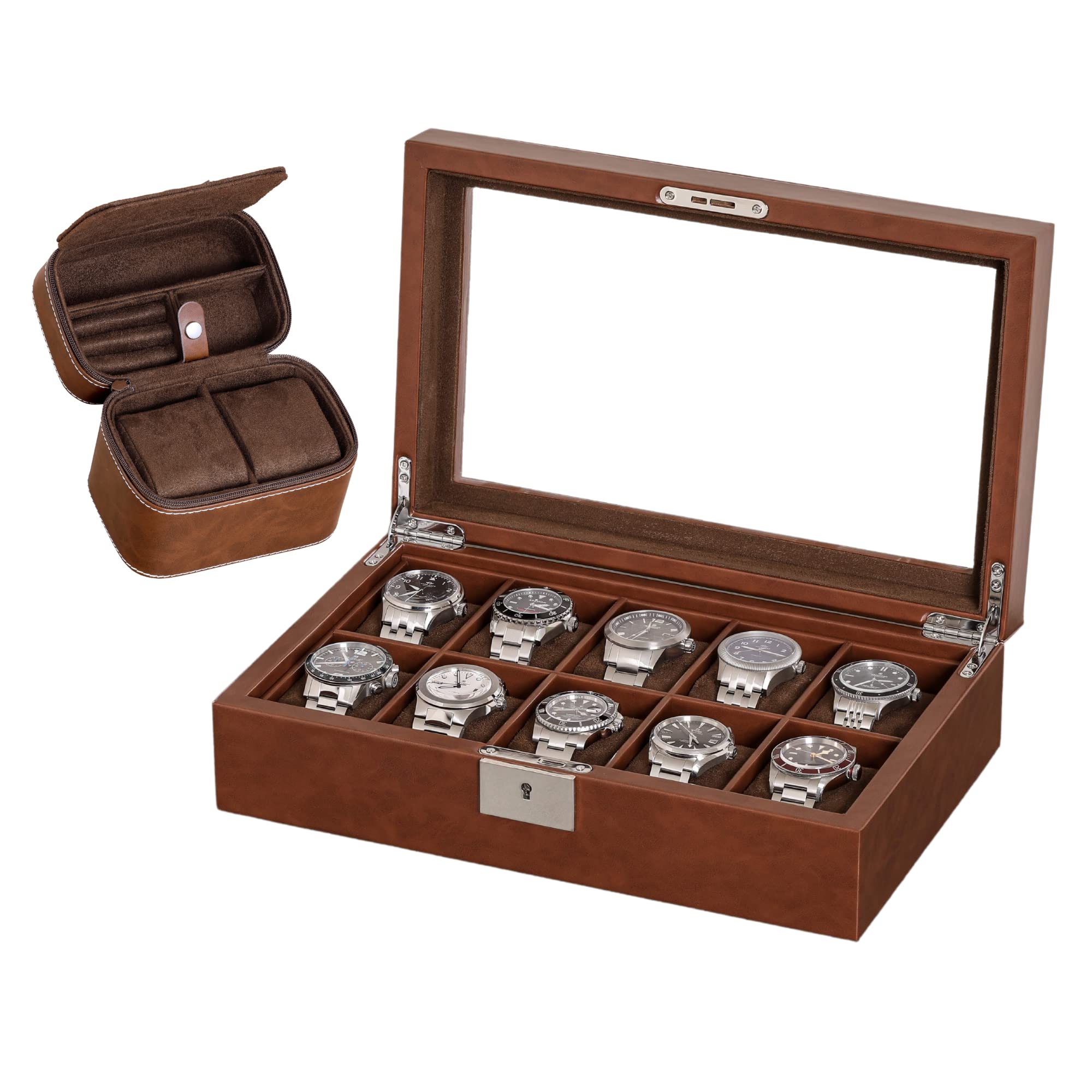 ROTHWELL Gift Set 10 Slot Leather Watch Box & Matching 2 Watch Travel Case - Luxury Watch Case Display Organizer, Locking Mens Jewelry Watches Holder, Men's Storage Boxes Glass Top Tan/Brown