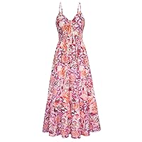 GRACE KARIN Women's 2024 Summer Beach Dress Floral V Neck Tie Front Spaghetti Strap Flowy Long Dress Boho Maxi Dress