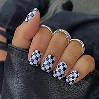 Short Press on Nails Square Fake Nails Black and White Checkerboard False Nails with Designs Glossy Full Cover Acrylic Glue on Nails Reusable Artificial Nails Holiday Party for Women 24PCS