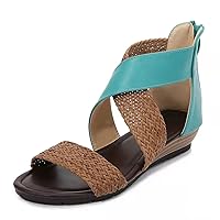 Peep Toe back zipper women's sandals with wedges, Woven belt Roman shoes Ankle Boots Summer