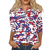 4Th of July Tops for Women Classic Patriotic Flag Graphic Tees Summer 3/4 Sleeve Crew Neck Blouses Button Down Shirts