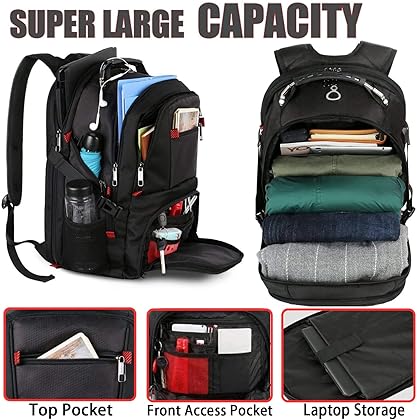 YOREPEK Travel Backpack, 50L Extra Large Laptop Backpacks for Men Women, Water Resistant College Backpack Airline Approved Business Work Bag with USB Charging Port Fits 17 Inch Computer, Black