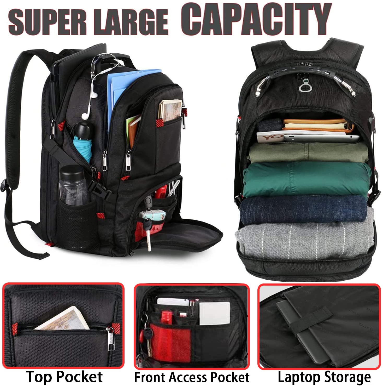 YOREPEK Travel Backpack & Soccer Backpack, Lightweight Soccer Bag with Ball Holder, Extra Large 50L Laptop Backpacks for Men Women, Water resistant Bag, Black