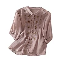 Women's 3/4 Sleeves Cotton Linen Button Down Tunic Tops Embroidery Blouse