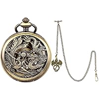 SIBOSUN Mechanical Pocket Watches Mens, Lucky Phoenix and Dragon, Skeleton Pocket Watch, Black Antique Roman Numerals Box + T-bar Chain with Dragon Pendant