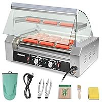 Seeutek Hot Dog Roller 7 Rollers 24 Hot Dogs Capacity 1100W Stainless Hot Dog Toaster With LED Light, Hot Dog Machine W/Dual Temp Control Glass Hood Acrylic Cover Warmer Shelf Removable Oil Drip Tray