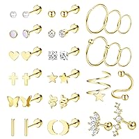 JeryWe 20G/16G Tiny Stud and Hoop Earrings Set for Women Men Surgical Steel Screw Flat Back Stud Earrings for Cartilage Helix Tragus Daith Piercing Jewelry 34pcs