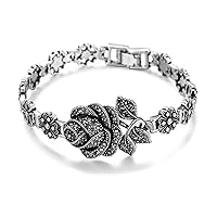 Mytys Fashion Silver Marcasite Bangle Bracelets for Women Girls, Vintage Rose Flower Design Cuff Bracelet Jewelry Gift