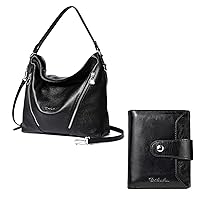 BOSTANTEN Women Leather Handbag Designer Large Hobo Purses Shoulder Bags and Women Leather Wallet RFID Blocking Small Bifold Zipper Pocket Wallet with ID Window