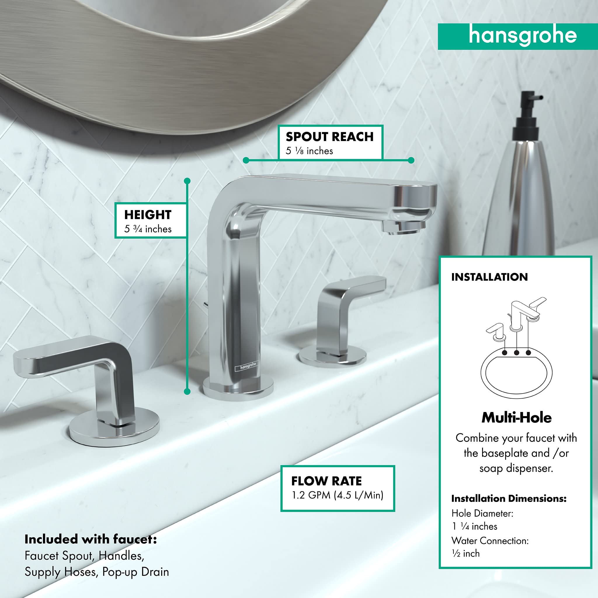 hansgrohe Metris S Modern Low Flow Water Saving 2-Handle 3 6-inch Tall Bathroom Sink Faucet in Chrome, 31067001