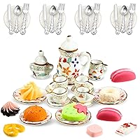41 Pieces 1:12 Scale Miniatures Dollhouse Kitchen Accessories 15 Porcelain Tea Cup 16 Mini Doll Plate Knife Fork Spoon 10 Miniature Decor Dessert Pastry Cake Table Decor for Cook Party (Chic Style)