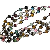 Women's 5-6 mm Multi Tourmaline Rosary, Natural Tourmaline Plain Round Connector Chain for Jewelry making in Oxidized Silver Wire Wrapped (1 Foot To 10 Feet Options)