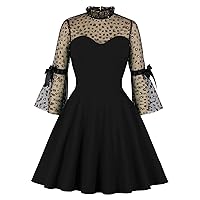 Wellwits Women's Keyhole Mesh Bell Long Sleeves Gothic Cocktail Vintage Dress