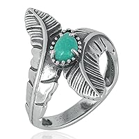 American West Jewelry Southwestern Double Feather Ring-Sterling Silver Band with Genuine Turquoise Gemstone, Sizes 5 to 7