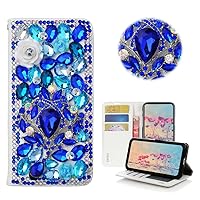 STENES Bling Wallet Phone Case Compatible with TCL Stylus 5G Case - Stylish - 3D Handmade Luxury Gemstone Rose Flowers Magnetic Wallet Stand Leather Cover Case - Blue