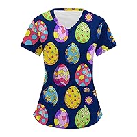 Easter Printed Tee Womens Tshirt Short Sleeve Tops Fashion Shirt V-Neck Pocket Trendy Blouse Carer 2024 Tunic
