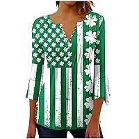 St Patrick's Day Shirts Women Funny USA Flag Distressed Tunic Tops 3/4 Bell Sleeve Pleated Front Irish Shamrock Tees
