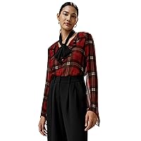 LilySilk Womens Pure Silk Shirt Ladies 14MM Ruffle Neckline with Side Slit Cuffs Blouse Black Red Checkered Pattern Top