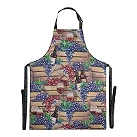 ALAZA Wooden Boxes With Bottles Glasses Of Red Wine and Grapes Apron With 2 Pockets,Adjustable Washable Apron for Men Women Chef Home Cooking Kitchen Garden