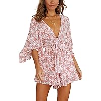 PRETTYGARDEN Women’s Floral Print Shorts Jumpsuit Wrap V Neck 3/4 Sleeve Casual Loose Oversized Romper With Pockets