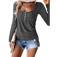 Women Square Neck Long Sleeve T Shirt Ruched Drawstring Side Button Down Tops