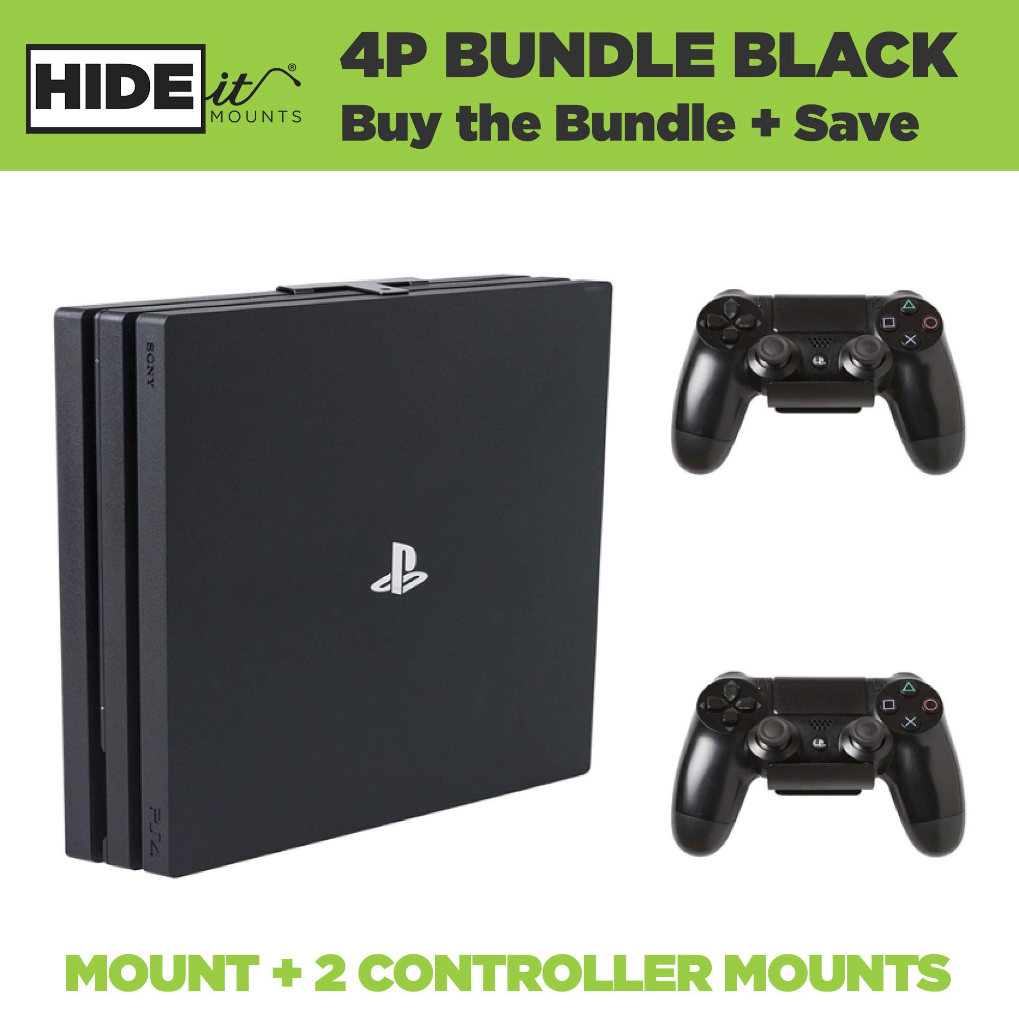 HIDEit Mounts 4P Bundle, Wall Mounts for PS4 Pro and Controller, Steel Wall Mount for PS4 Pro and 2 Controller Mounts to Safely Store Your PS4 Pro and Playstation Controller Near or Behind TV