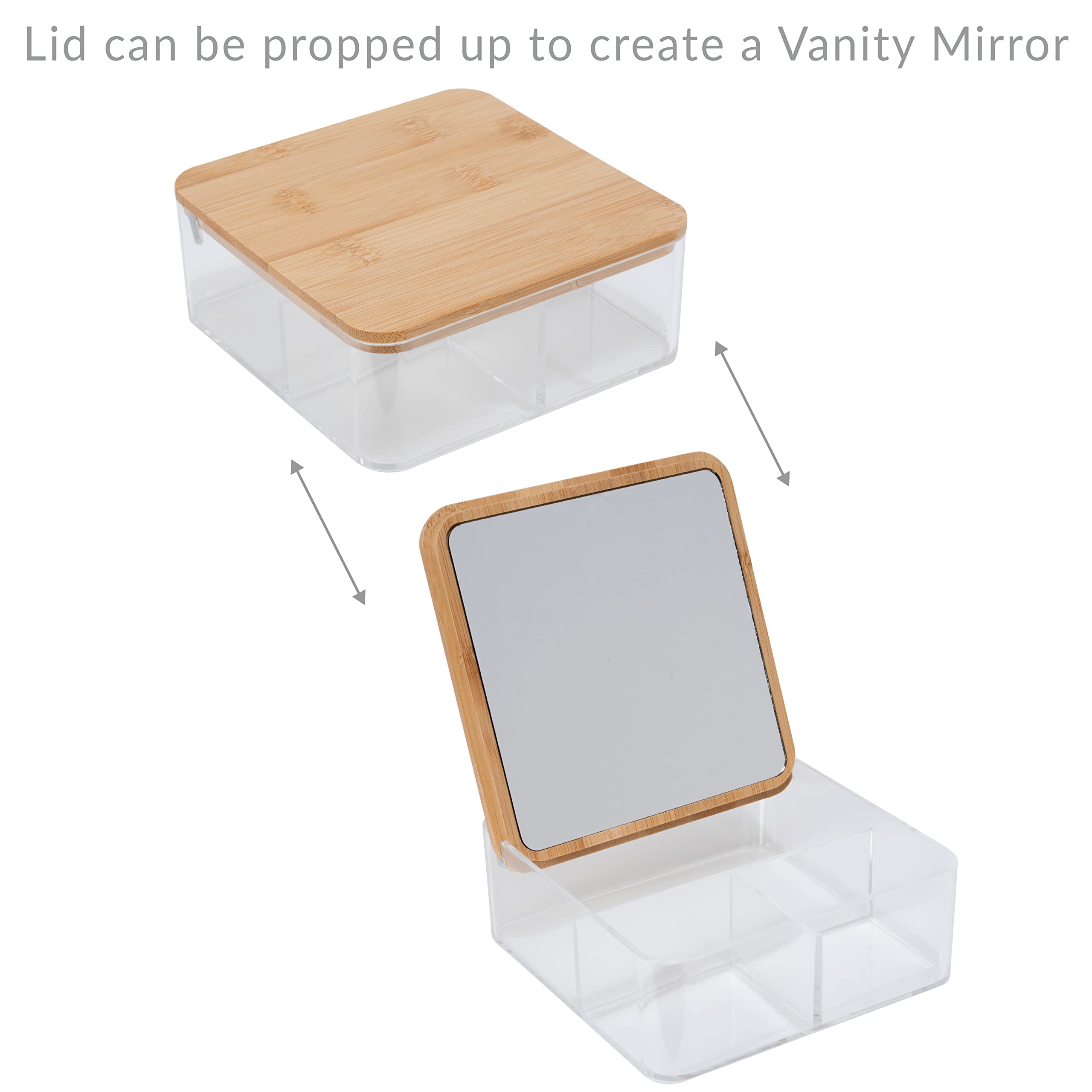 Simplify 3 Compartment Organizer with Bamboo Lid | Mirror | Perfect for Jewelry | Cosmetics | Accessories | Vanity & Countertop | Keepsake Storage Box | Clear
