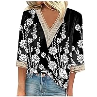 3/4 Sleeves Tops for Women Summer 2023 V Neck Top Casual Tunic Blouse Floral Print Loose Shirt Vintage Graphic Tees