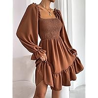 Dresses for Women - Square Neck Shirred Bodice Flounce Sleeve Ruffle Hem Dress (Color : Camel, Size : Medium)