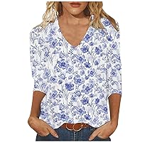 3/4 Length Sleeve Womens Tops Casual V Neck Blouse Plus Size Tunic Tshirt Vintage Ethnic Floral Print Tee Vacation Outfits