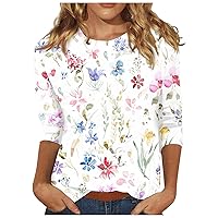 Womens Tops 3/4 Sleeve Round Neck Shirts Summer Casual Loose Printed T Shirt Fashion Going Out Tshirts